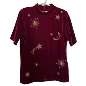 NWT Boden Sequin Moon Stars Velvet Velour Mock Neck Cranberry Top Size 7-8Y